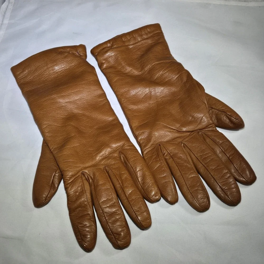 Vintage Saks Fifth Ave Womens 7.5 Brown Leather Glove Cashmere Lined Made Italy